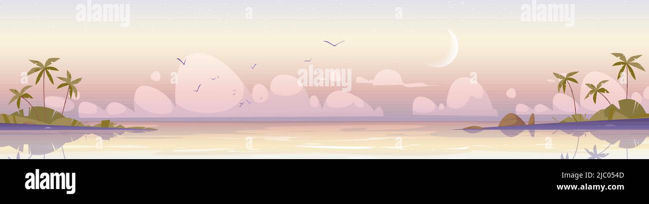 Tropische Meereslandschaft mit Palmen am Strand am frühen Morgen. Vektor-Cartoon-Illustration von Meerespanorama, Ozeanlagune oder Hafen, Sandstrand, fliegende Vögel und Mond am Himmel Stock Vektor