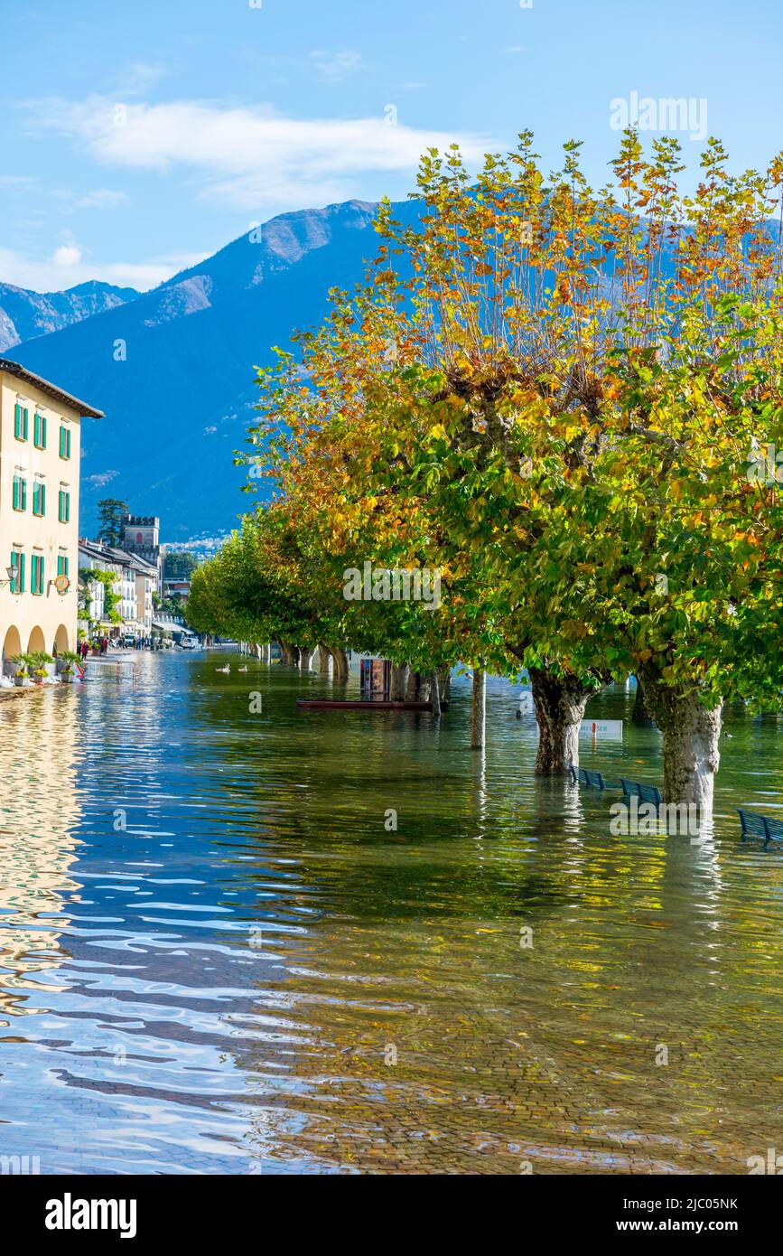 Hochwasser Stadtbild in einem sonnigen Tag mit Berg in Ascona, Schweiz. Stockfoto