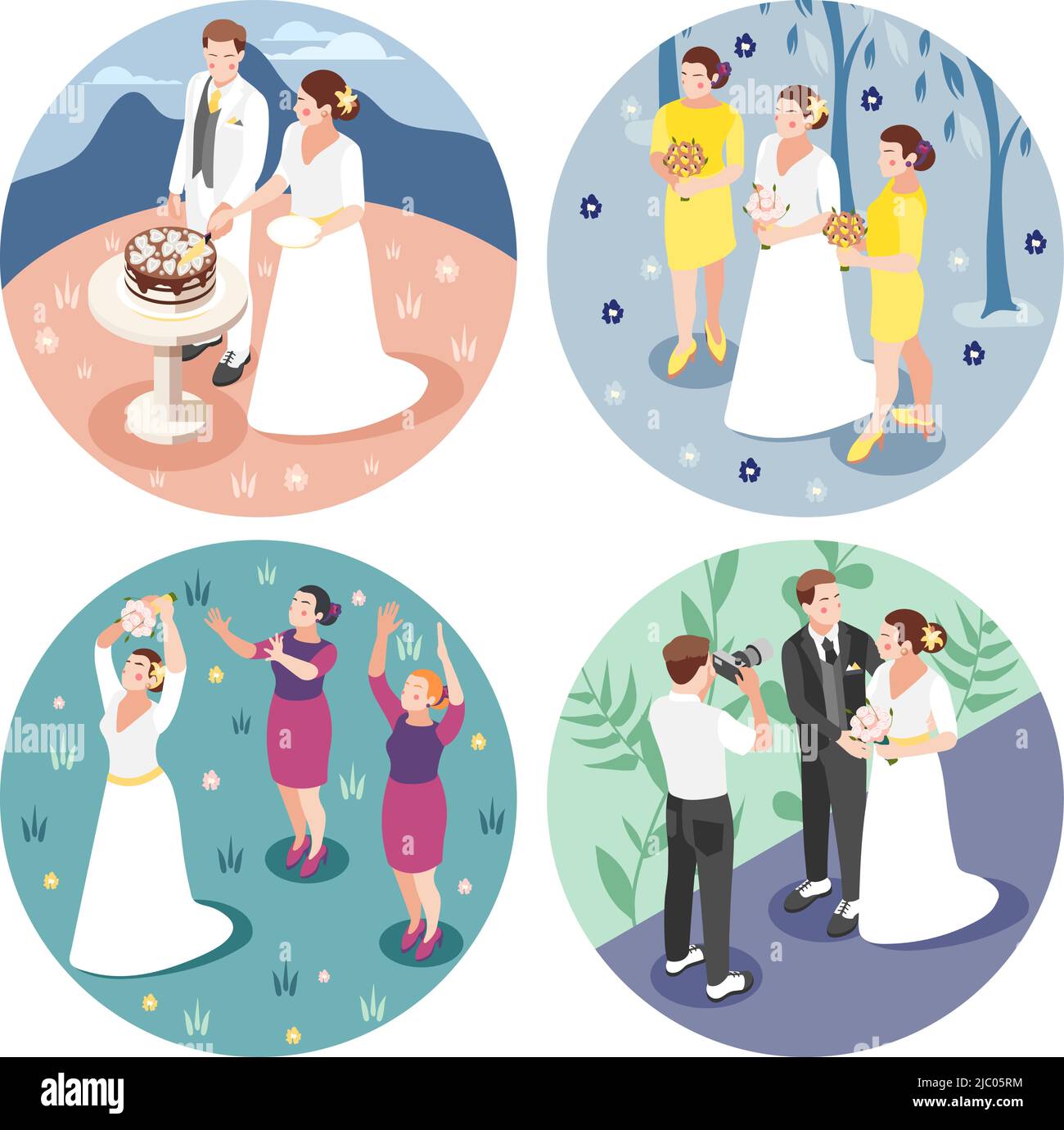 Hochzeit 2x2 Design-Konzept mit Braut und Bräutigam fotografiert Schneiden Hochzeitstorte Werfen von Hochzeit Strauß runde Symbole isometrischen Vektor Stock Vektor
