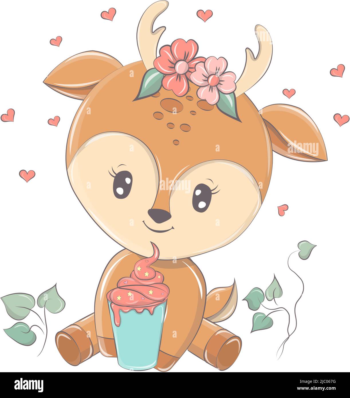 Vektorbilder eines Hirsches im Kawaii-Stil. Die Zeichentrickfigur ist für eine Gruppe von Waren für Kinder gemacht. Das lustige Tier lächelt scharf. Tier isoliert auf Stock Vektor