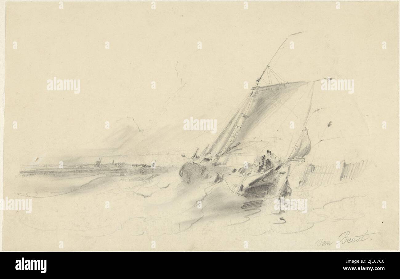 Meerblick mit Lastkahn in turbulentem Wasser, Zeichner: Albertus van Beest, 1830 - 1860, Papier, H 204 mm × B 322 mm Stockfoto