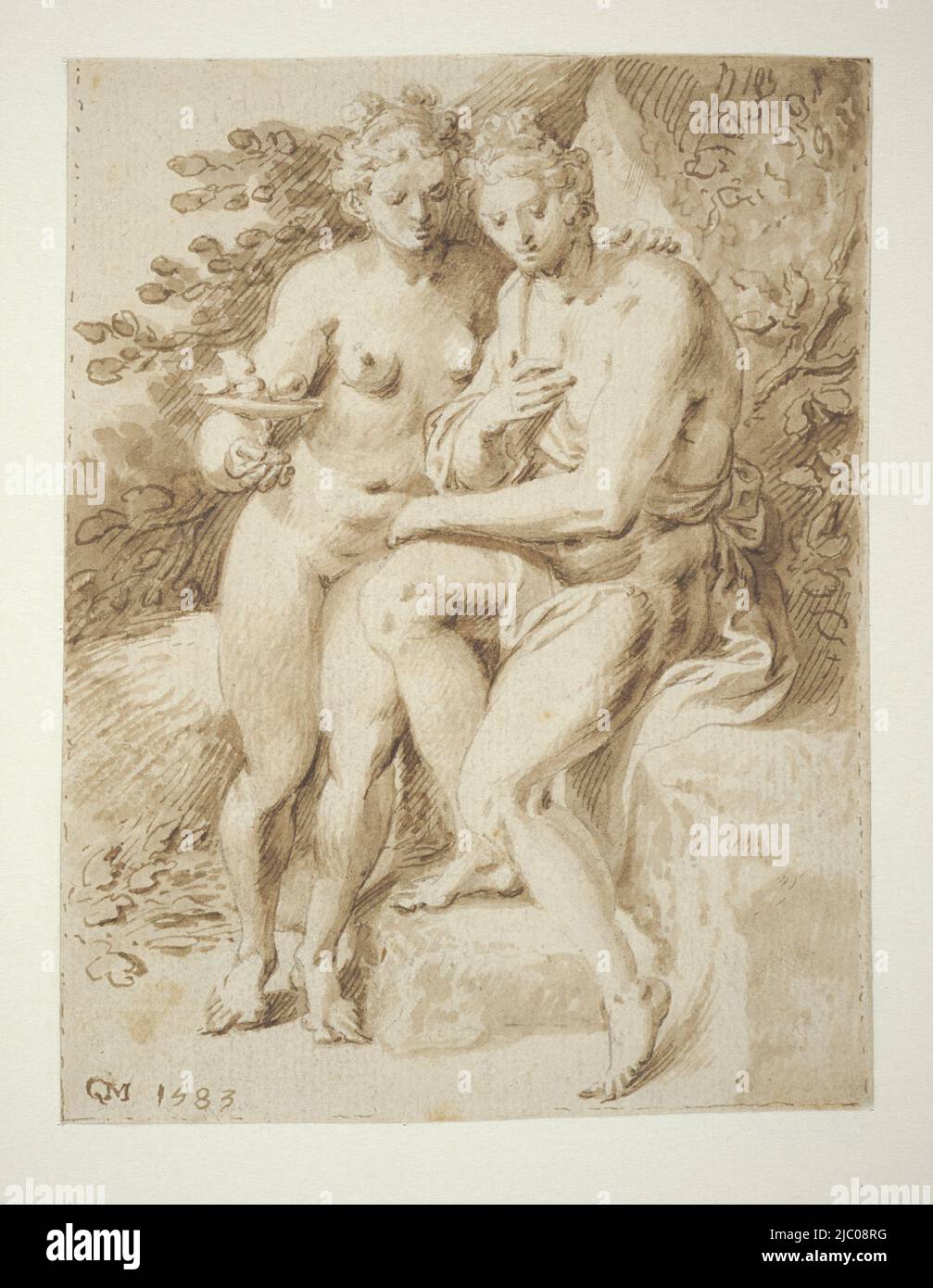 Venus und Addis, Zeichner: Gillis Mostaert (I), 1583, Papier, Stift, Pinsel, H 119 mm × B 91 mm Stockfoto