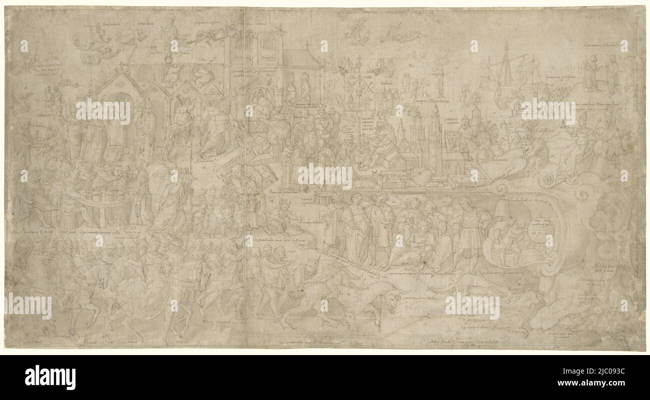 Satire über den Machtmissbrauch des römisch-katholischen Klerus, Zeichner: Bernard van Orley, 1527 - 1541, Papier, Stift, Pinsel, H 417 mm × B 777 mm Stockfoto