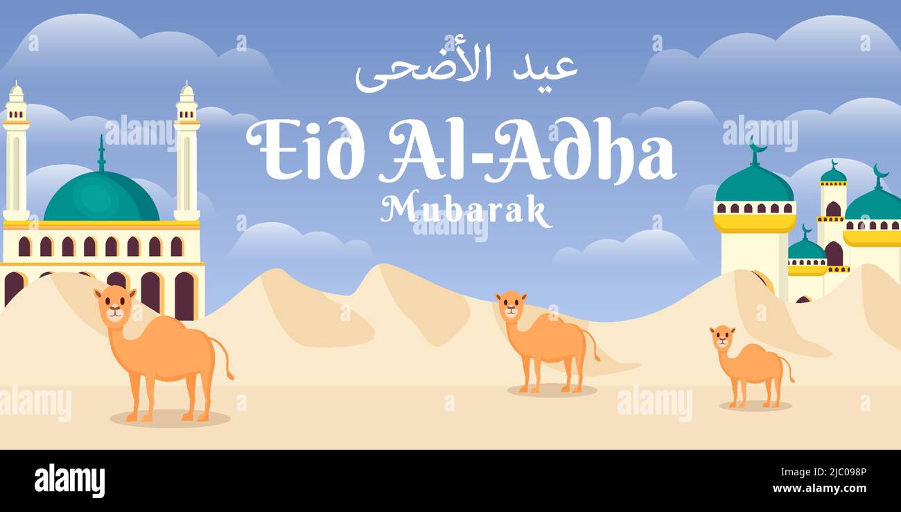 Flache eid al adha Hintergrund Illustration in der Wüste mit Moschee und drei niedlichen Kamel Stock Vektor