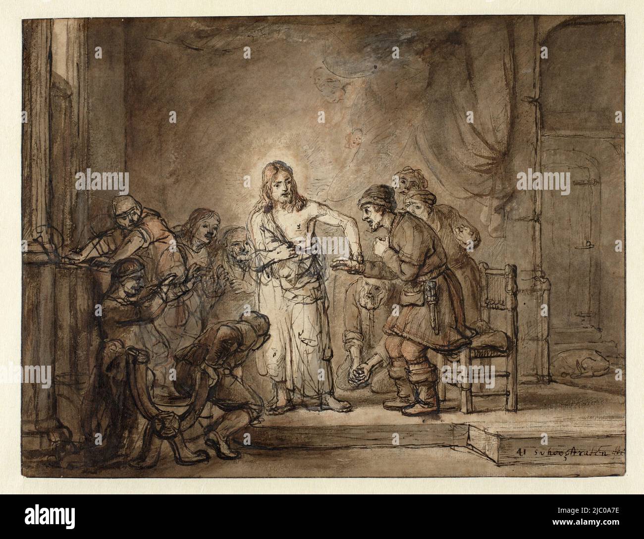 Der Ungläubige Thomas, Zeichner: Samuel van Hoogstraten, c. 1648 - c. 1649, Papier, Stift, Pinsel, H 204 mm × B 267 mm Stockfoto