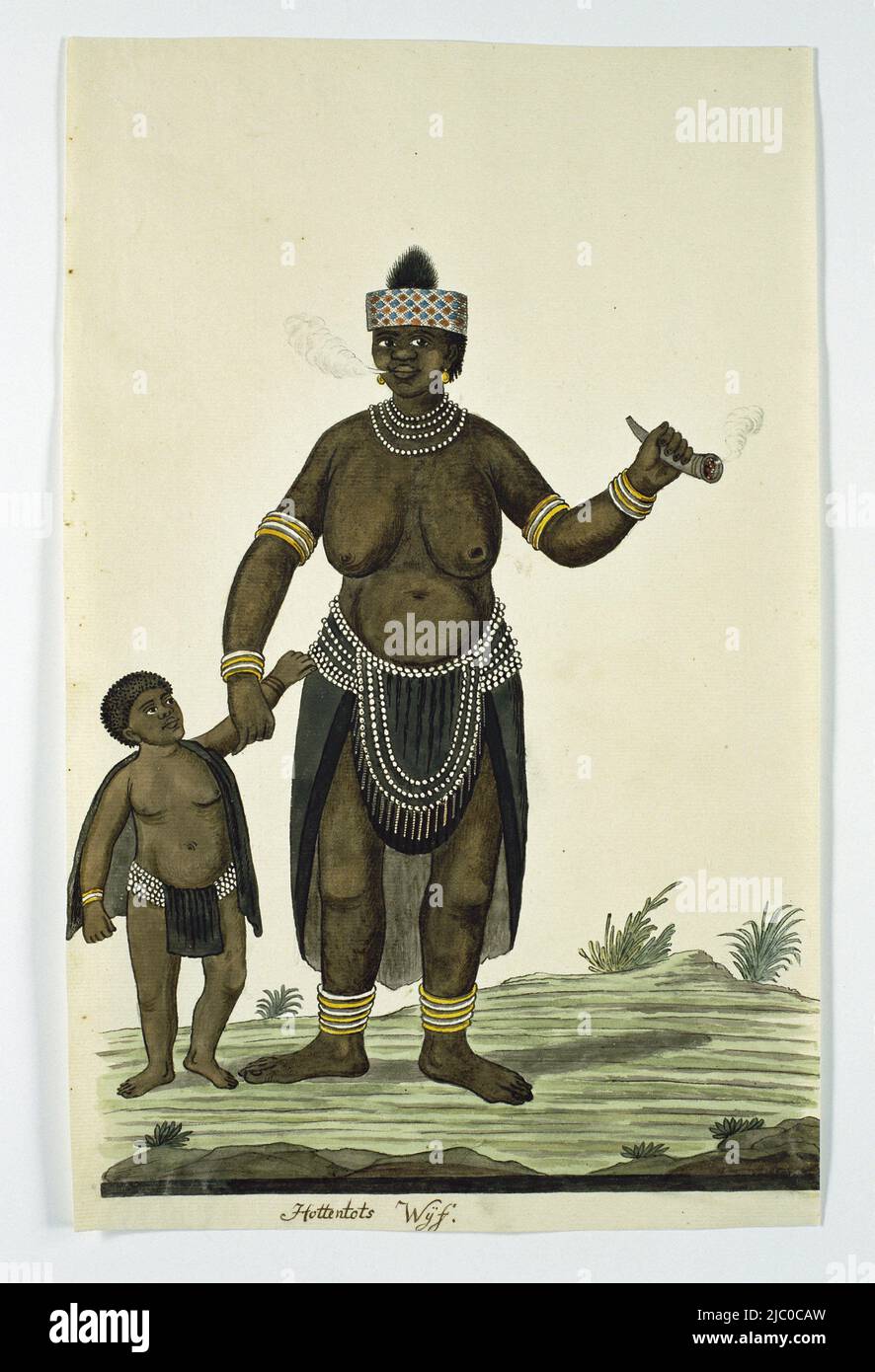 Rauchende Frau der Khoikhoi mit Kind und einer Pfeife aus Ochsenhorn, Eine stehende, wahrscheinlich Khoikhoi, Frau, mit Tabakpfeife und Kind, Zeichner: Robert Jacob Gordon, Okt-1777 - Mar-1786, Papier, Pinsel, Stift, H 660 mm × B 480 mm, H 350 mm × B 220 mm, H 335 mm × B 219 mm Stockfoto