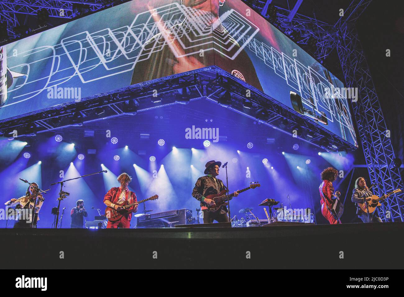 Die Arcade Fire Rock Band spielt live auf der Bühne des Haven Festivals in Kopenhagen. Stockfoto