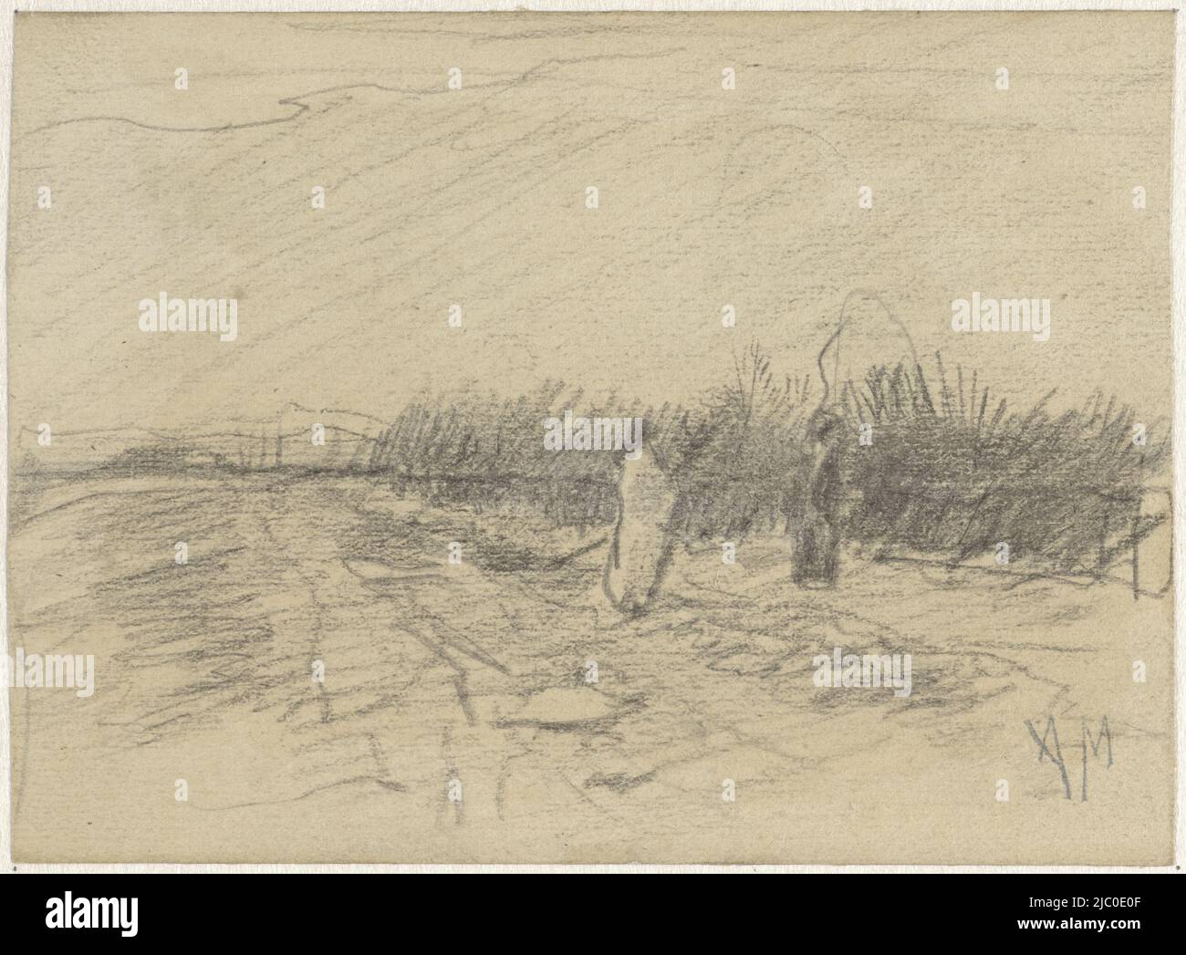 Landschaft mit zwei Figuren, Zeichner: Anton Mauve, 1848 - 1888, Papier, H 115 mm × B 157 mm Stockfoto