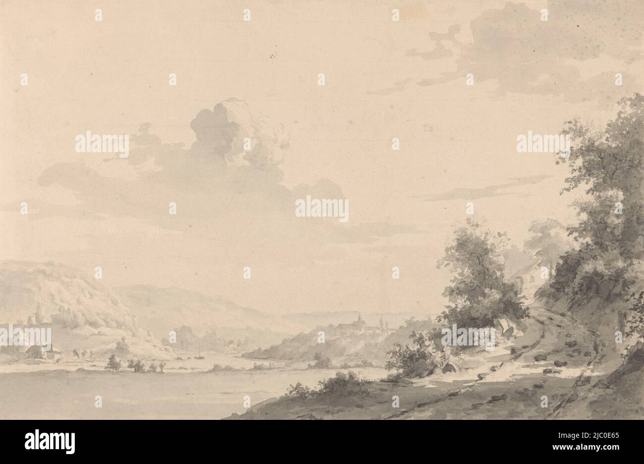 Flusslandschaft bei Mühlheim an der Ruhr, Zeichner: George Andries Roth, 1819 - 1887, Papier, Pinsel, H 305 mm × B 466 mm Stockfoto