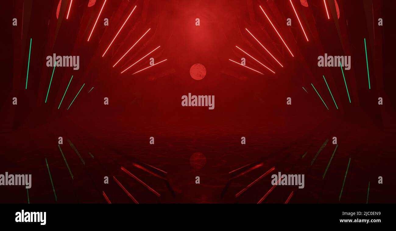 Atemberaubende Neon Glow futuristisch leer Cinematic Volumetrics Red Game Background 3D Render Stockfoto