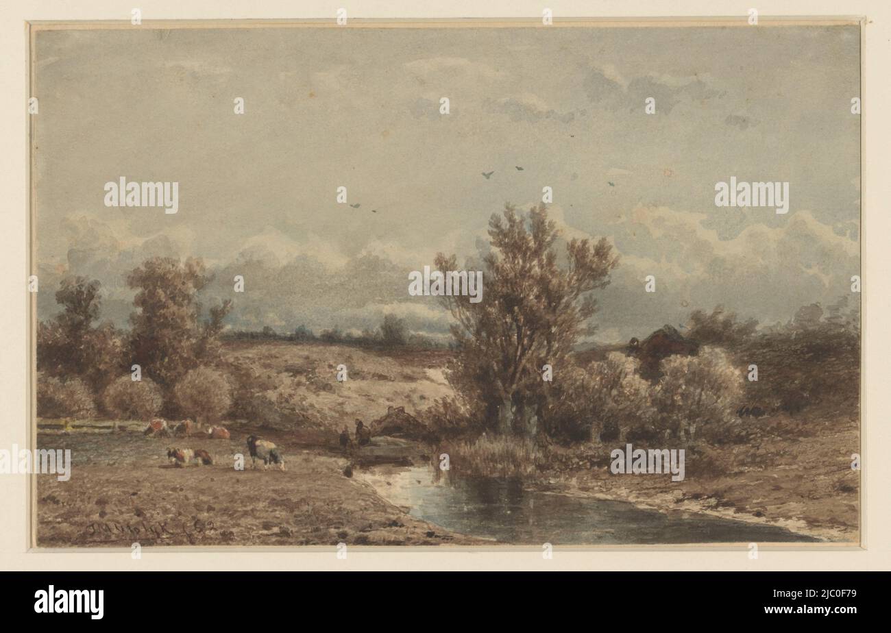 Landschaft mit Fluss und Kühen, Zeichner: Jan Vrolijk, 1862, Papier, Pinsel, H 158 mm × B 252 mm Stockfoto