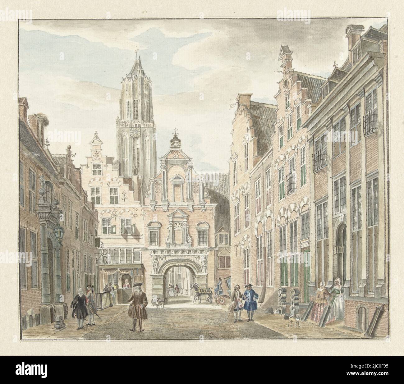 Nieuwstraat in Utrecht mit Blick auf den Dom-Turm, Zeichnerin: Johanna de Bruyn, Mittler Zeichnerin: Jan de Beijer, 1753, Papier, Pinsel, Stift, H 174 mm × B 194 mm Stockfoto