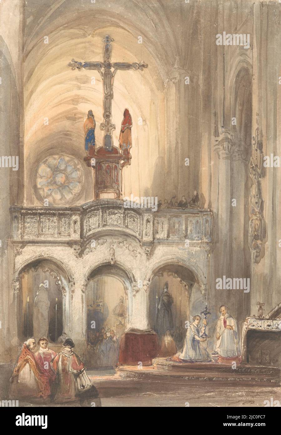 Kircheninterieur mit Messe, Zeichner: Johannes Bosboom, 1827 - 1891, Papier, Pinsel, H 370 mm × B 255 mm Stockfoto