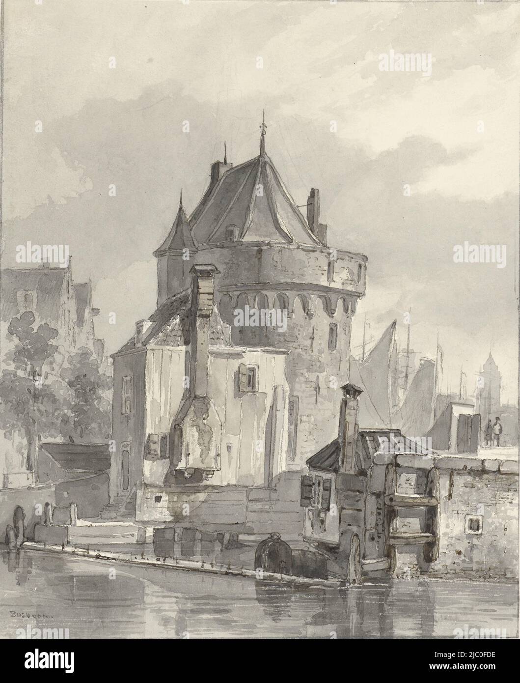 Blick auf den Main Tower in Hoorn, Zeichner: Johannes Bosboom, 1827 - 1891, Papier, Stift, Bürste, H 230 mm × B 189 mm Stockfoto