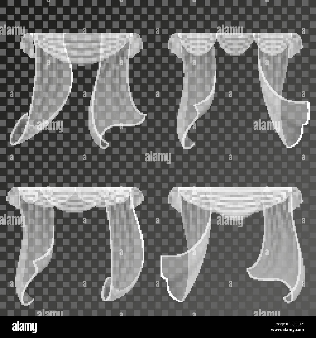 Realistische Vorhänge. Vector Vorhänge in verschiedenen Formen auf transparentem Hintergrund. Innenvorhang Eleganz, Satin textilen Vorhang für Fenster illustrati Stock Vektor