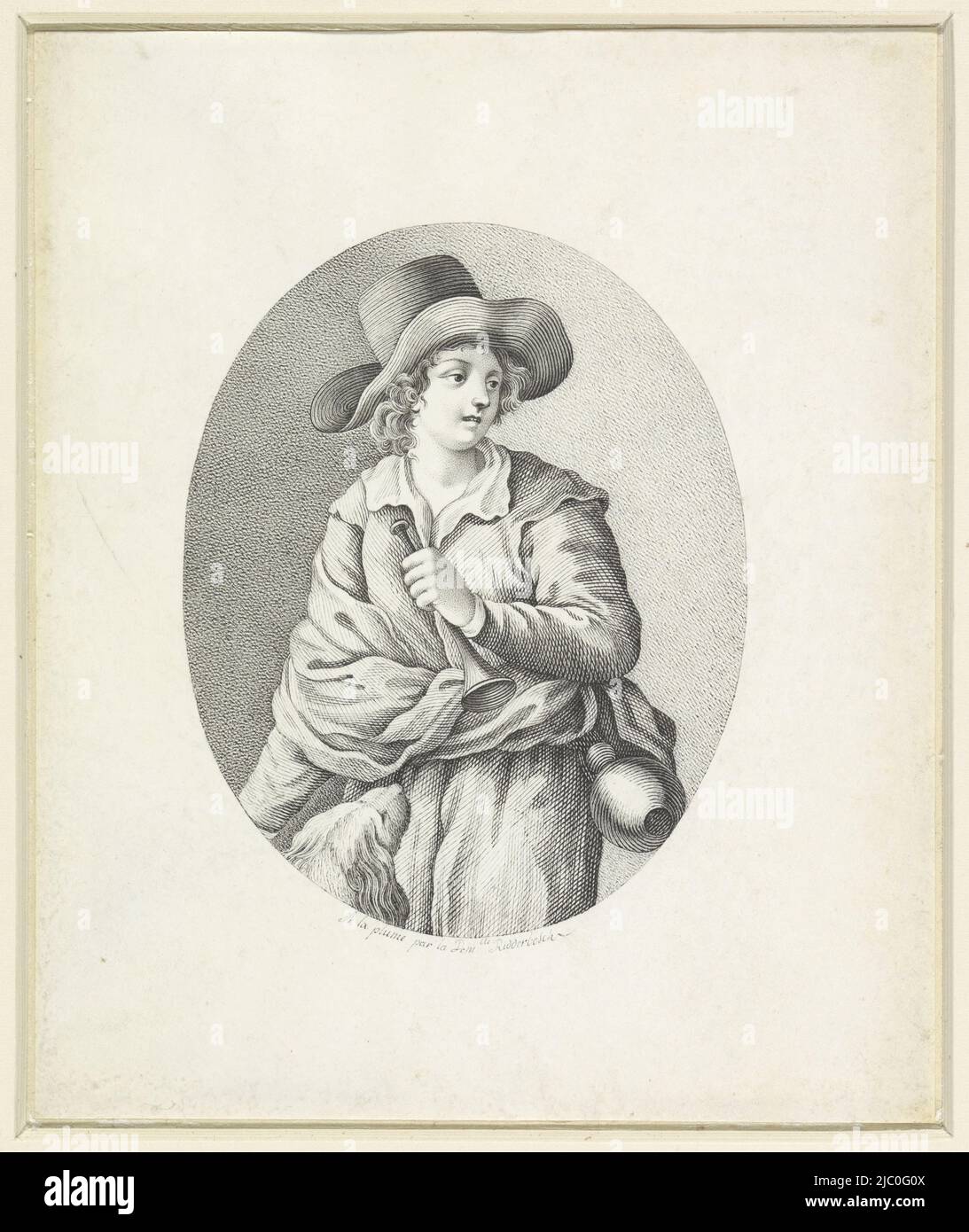 Hirte mit Hund im Oval, Zeichner: Françoise Jeanne Ridderbosch, 1764 - 1837, Pergament (tierisches Material), Stift, H 162 mm × B 133 mm Stockfoto