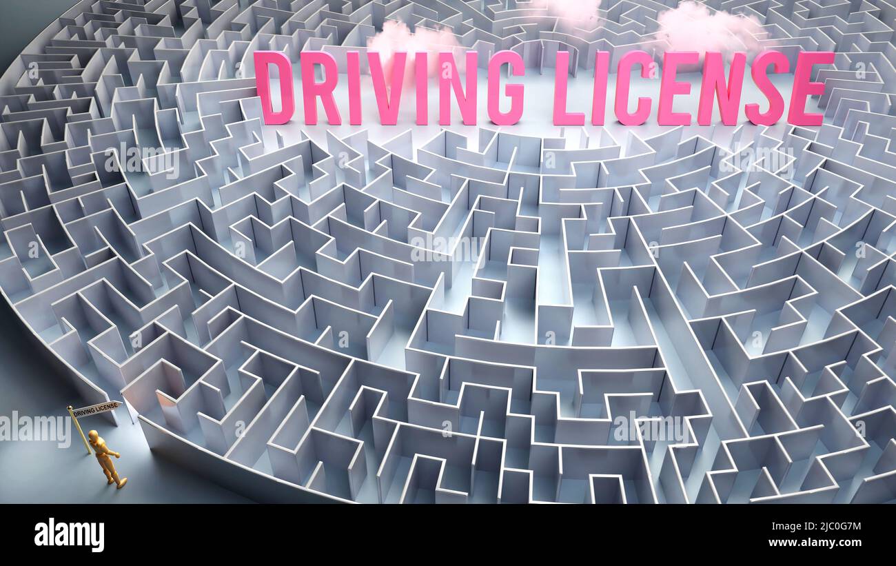 Führerschein und ein schwieriger Weg, Verwirrung und Frustration bei der Suche nach ihm, harte Reise, die zum Führerschein führt,3D Illustration Stockfoto