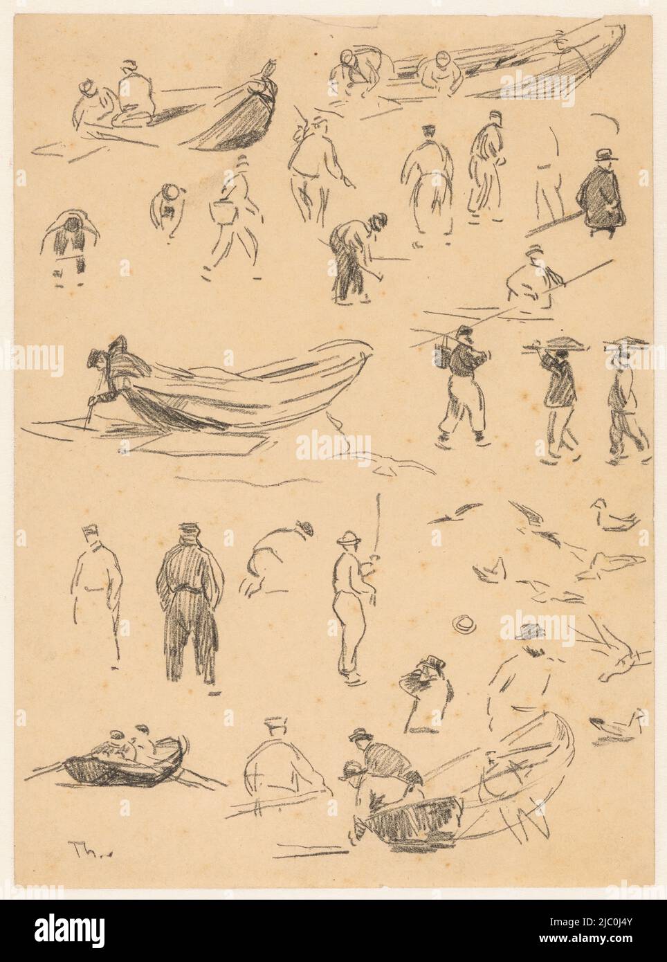 Studienblatt mit verschiedenen Figurenstudien, Fischerbooten und Studien von Möwen, Zeichner: Willem Bastiaan Tholen, 1870 - 1931, Papier, H 308 mm × B 225 mm Stockfoto