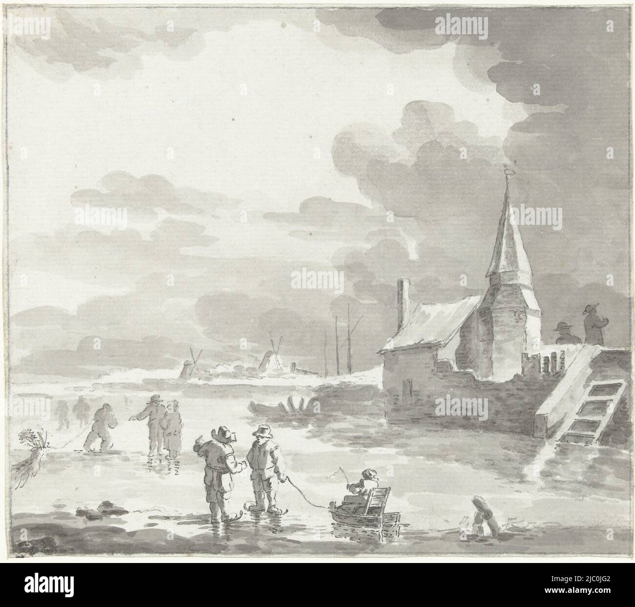 Winterlandschaft mit Skater, Zeichner: Jacob Ernst Marcus, 29-Nov-1789, Papier, Stift, Pinsel, H 167 mm × B 190 mm Stockfoto