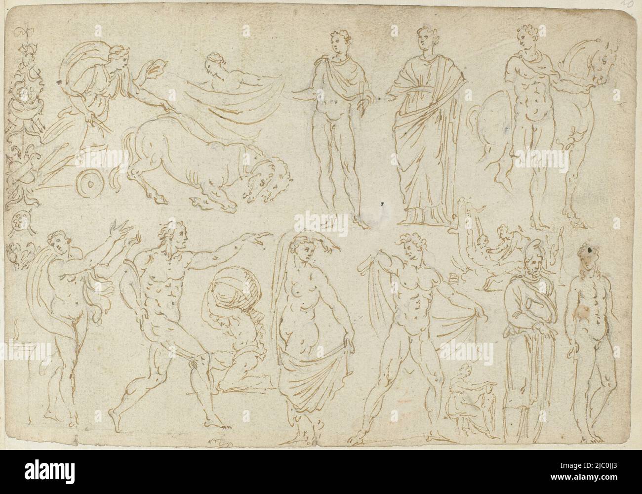 Album 'Maarten de Vos Skizzenbuch', Blatt 5V(12), Darstellungen von Sarkophagen und antiken Statuen, Zeichner: Anonym, anonym, niedrige Länder, c. 1550 - c. 1570, Papier, Stift, H 153 mm × B 225 mm Stockfoto