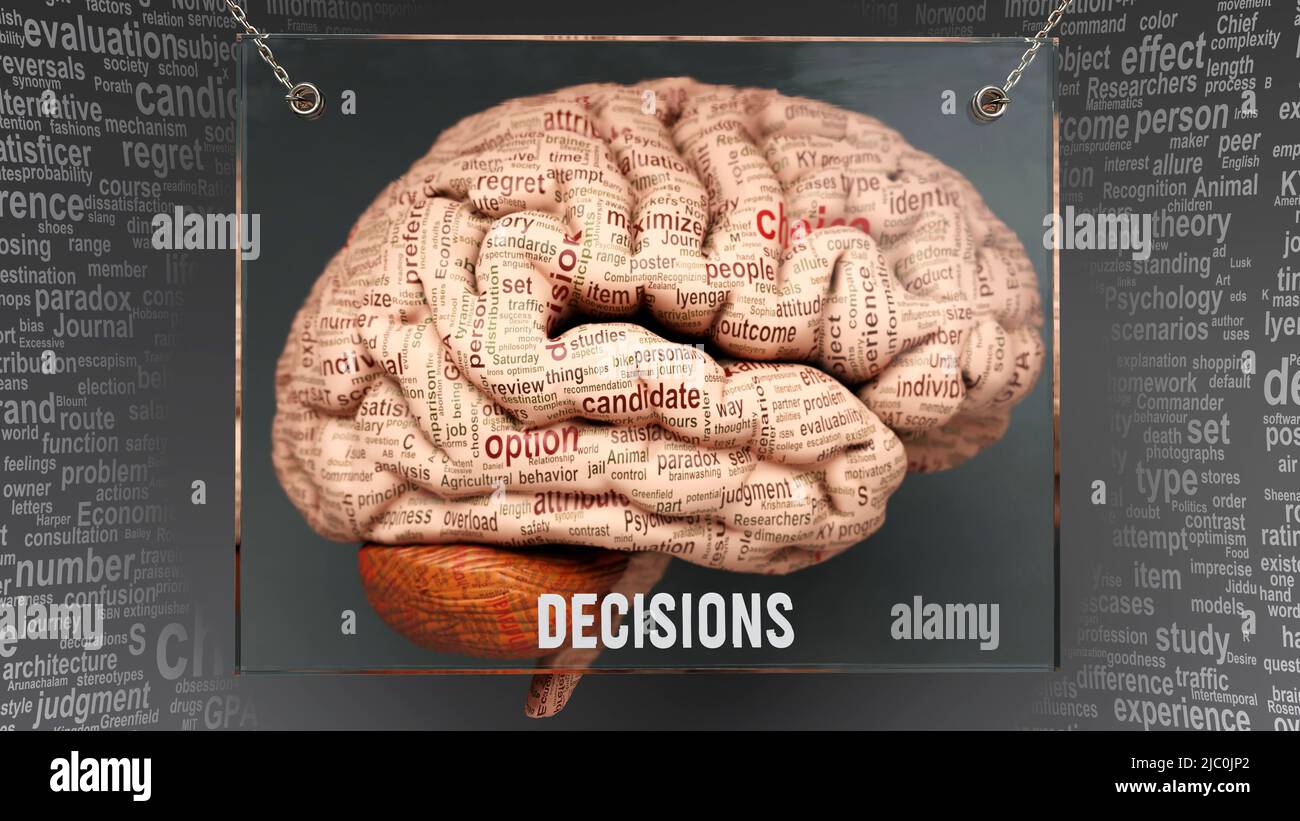 Entscheidungen im menschlichen Gehirn - Dutzende von wichtigen Begriffen beschreiben Entscheidungen Eigenschaften und Funktionen über dem Gehirn Cortex gemalt, um Entscheidungen zu symbolisieren Stockfoto