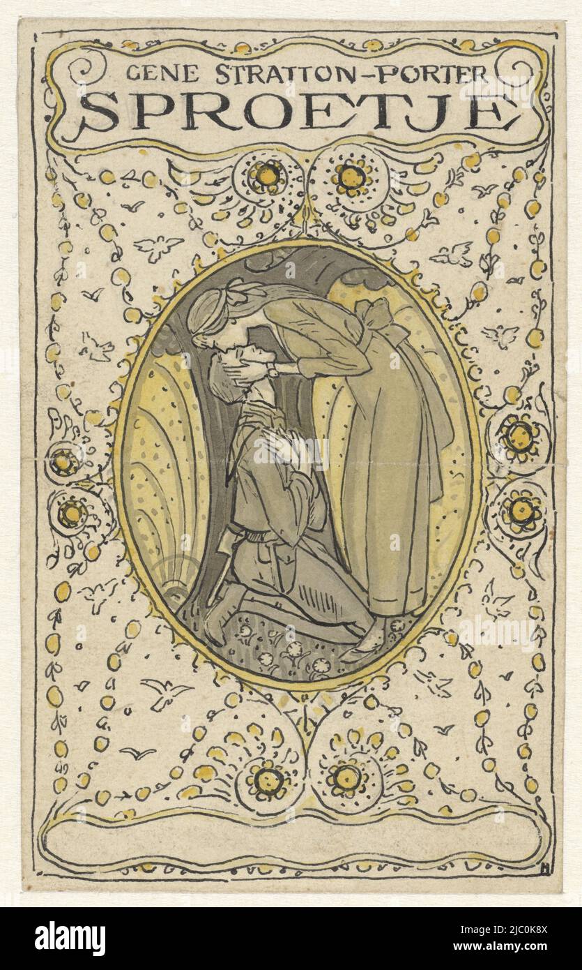 Entwurf für ein Buchcover für 'Freckles' von Stratton-Porter, Mädchen küsst vor ihrem knienden englischen Soldaten., Zeichner: Albert Hahn (I), Zeichner: Albert Hahn (II), Jun-1918, Papier, Stift, Pinsel, H 169 mm × B 105 mm Stockfoto