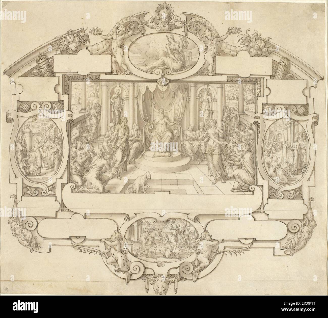 Ornamentale Zeichnung mit fünf Darstellungen in Kartuschen. In der Mitte ein Prinz auf seinem Thron für zwei Parteien: Rechts Justitia mit reichen Menschen, links Christus (?) Mit armen Menschen. Oberhalb von Temperantia, unten eine Frau, die von Hirten zu ihren Eltern zurückgebracht wurde. Links eine predigende Frau und rechts ein predigender Mann. Im Hintergrund die Demütigung Nebukadnezars. Diese Szenen werden von Maurern, Kindern und Hörnern von Plenty eingerahmt. Möglicher Entwurf für einen Druck, Allegorie der Justiz, Zeichner: Etienne Delaune, Frankreich, 1528 - 1583, Pergament (tierisches Material), Stift, Pinsel, h Stockfoto