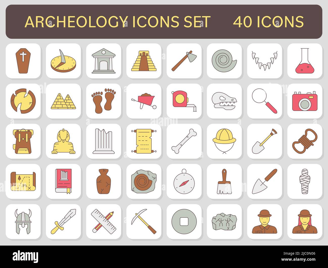 Farbenfrohe Archäologie-Ikonen Im Flachen Stil. Stock Vektor