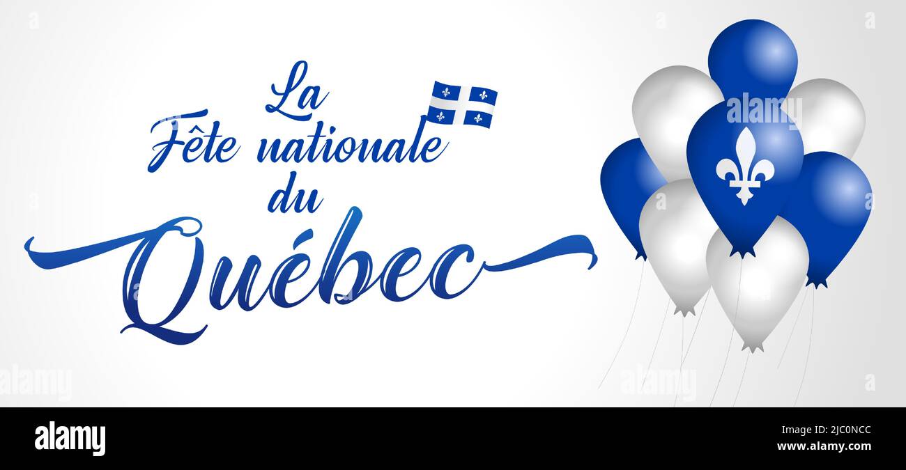 Quebec Day Französische Version Vintage Schriftzug und Ballons. Bonne fete du Quebec - französischer Text Happy Quebec Day. Quebecs Nationalfeiertag St. Jean Stock Vektor