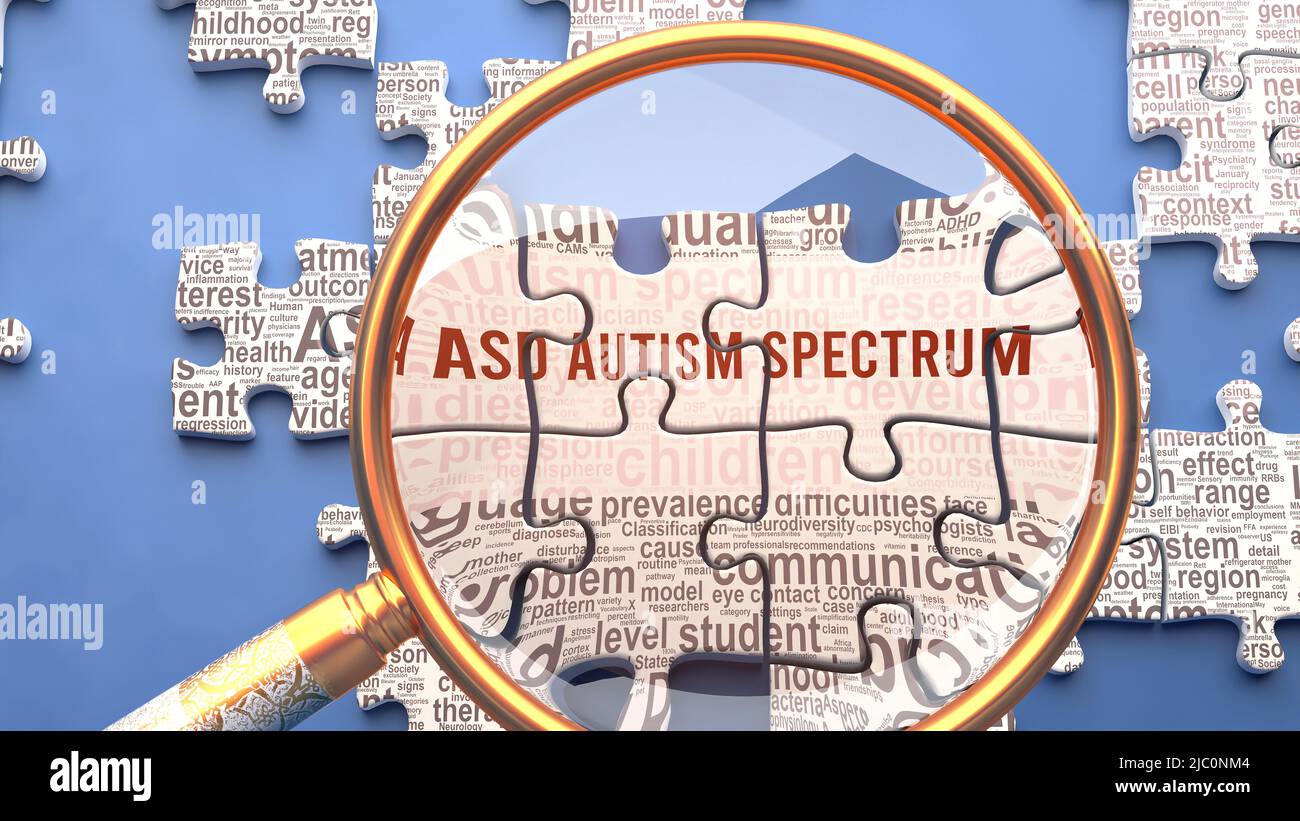 ASD-Autismus-Spektrum als komplexes Thema unter engem Nachsehen. Komplexität wird als Puzzleteile mit Dutzenden von Ideen und Konzepten dargestellt, die mit ASD A korreliert sind Stockfoto