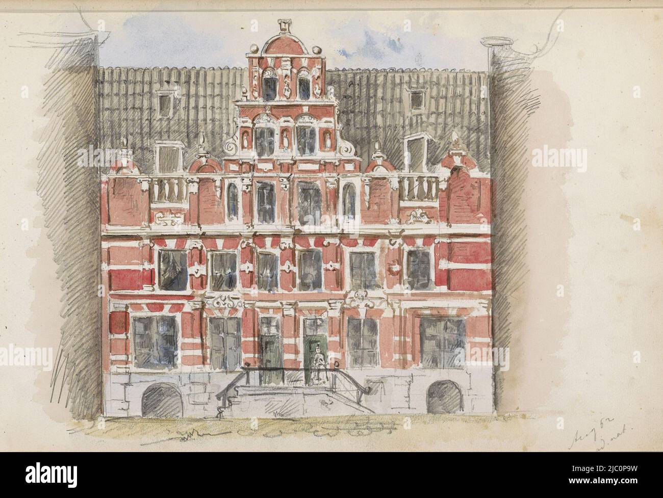 Blatt 5 Recto aus einem Skizzenbuch mit 58 Seiten, Haus Bartolotti an der Herengracht 170-172, Zeichner: Isaac Goschalk, Zeichner: Joseph Henry Goschalk, (abgelehnte Zuschreibung), Amsterdam, Aug-1862, Papier, Bürste Stockfoto