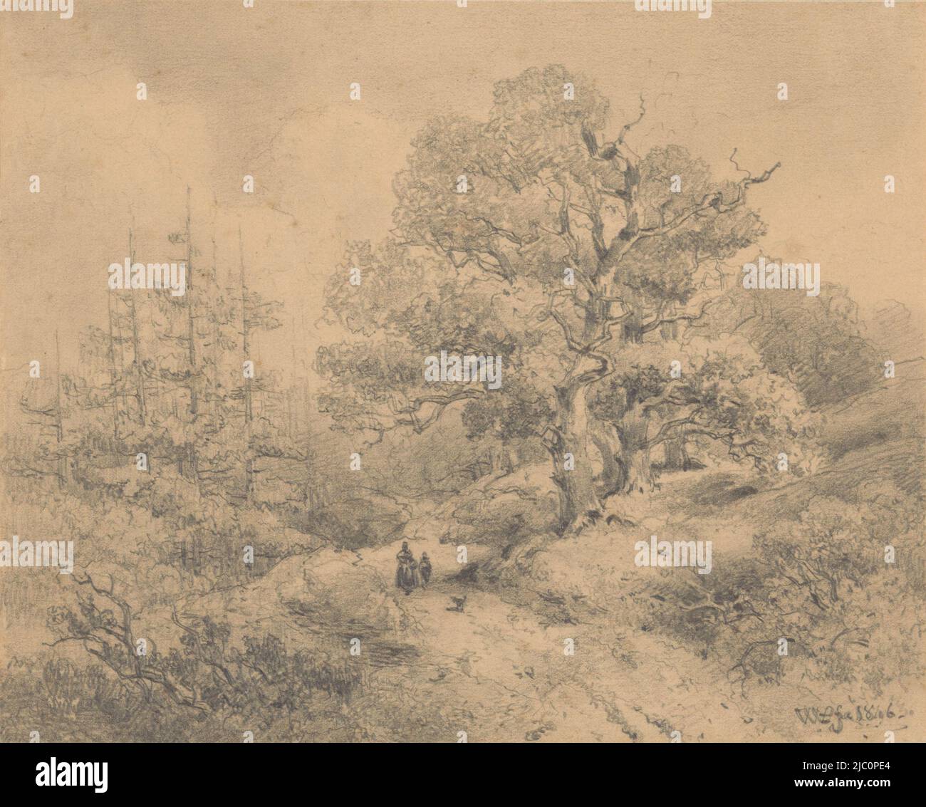 Landschaft mit Bäumen, zwei Figuren und einem Hund, Zeichner: Willem Valter PZN, 1846, Papier, H 186 mm × B 233 mm Stockfoto
