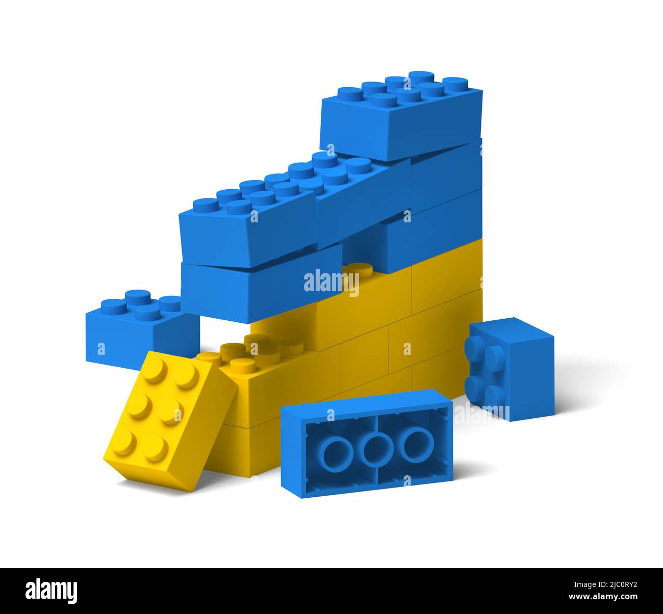 Plastikspielzeug-Blockwand mit ukrainischen Flaggen-Farben gebrochen und zusammengebrochen, 3D Konflikt-Konzept Stockfoto
