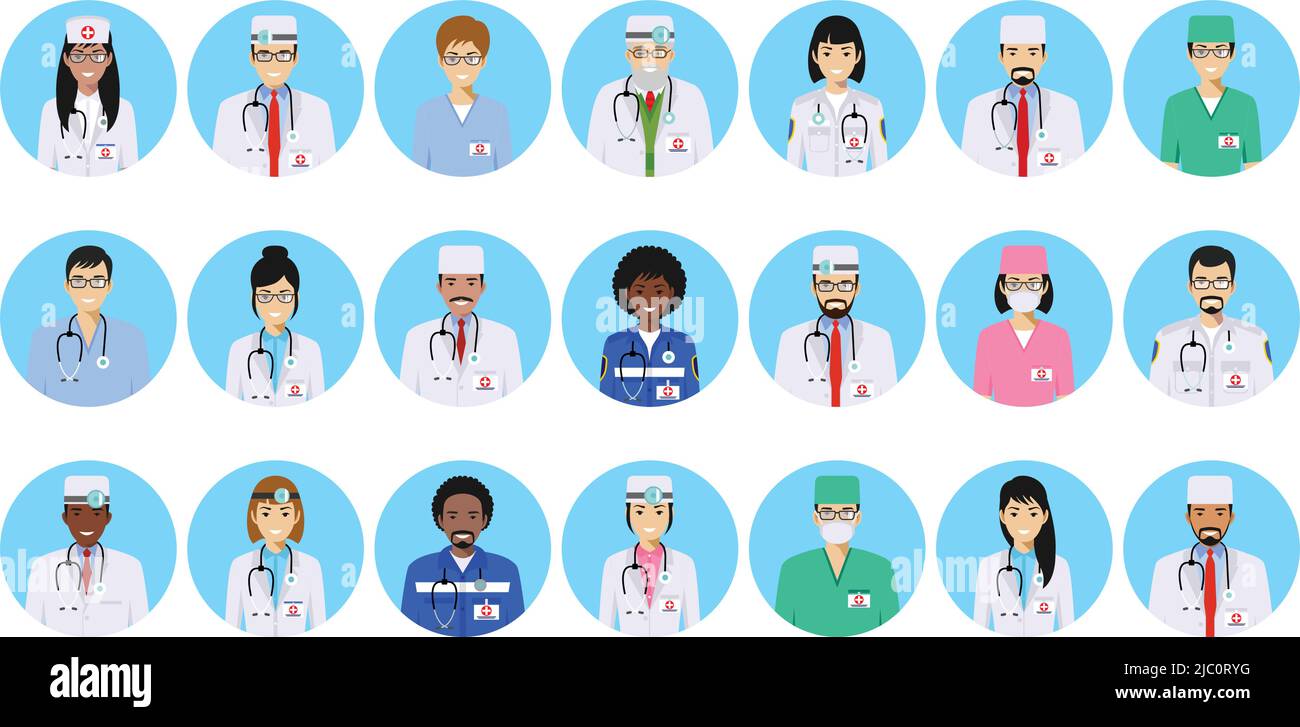 Medizinisches Konzept. Ein Set von farbenfrohen Mitarbeitern im flachen Stil: Ärzte und Krankenschwestern. Vektorgrafik. Stock Vektor