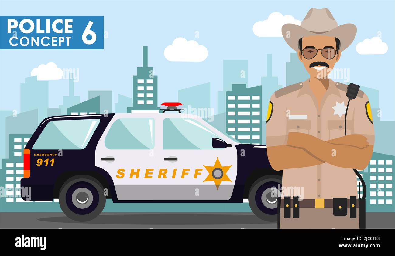 Polizeikonzept. Detaillierte Illustration von Polizeibeamter, Sheriff und Polizeiauto auf dem Hintergrund mit Stadtbild in flachem Stil. Vektorgrafik. Stock Vektor