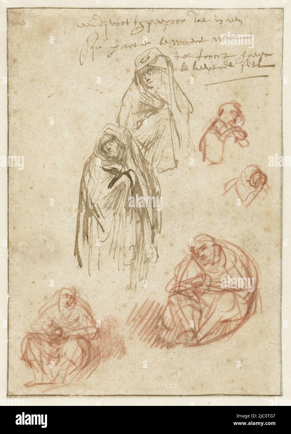 Studien der trauernden Magdalena und der Jungfrau, Zeichner: Rembrandt van Rijn, Amsterdam, c. 1635 - c. 1636, Papier, Stift, H 201 mm × B 143 mm Stockfoto