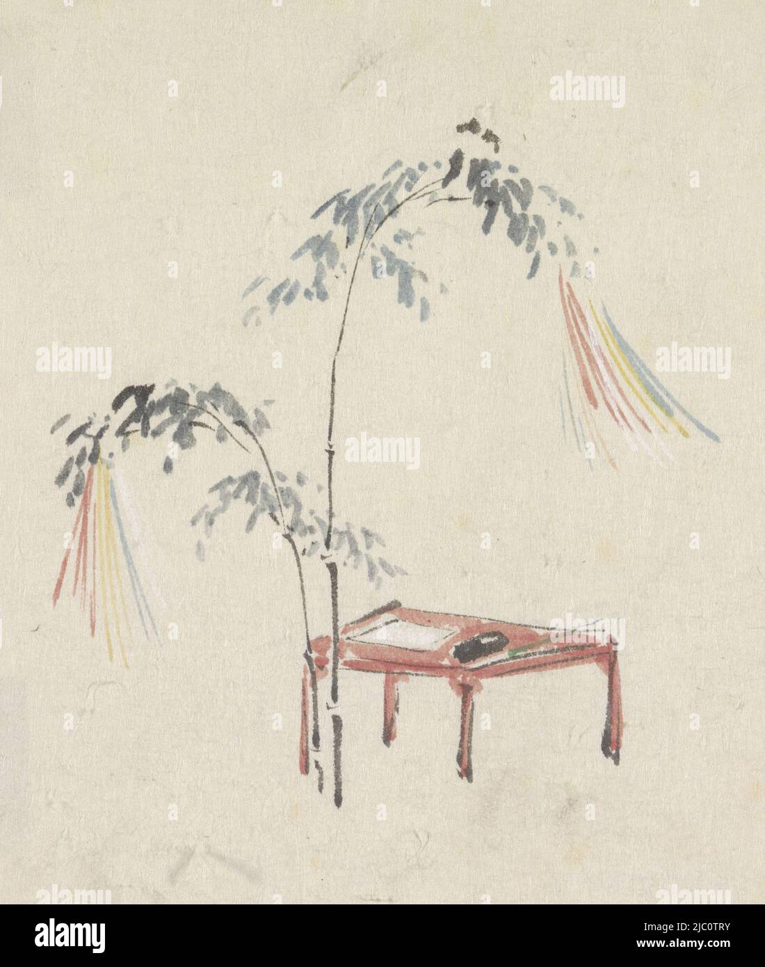 Stillleben eines roten Tisches und dekorierten Bambus, Zeichner: Utagawa Kuniyoshi, 1808 - 1861, Papier, Pinsel, H 167 mm × B 141 mm Stockfoto