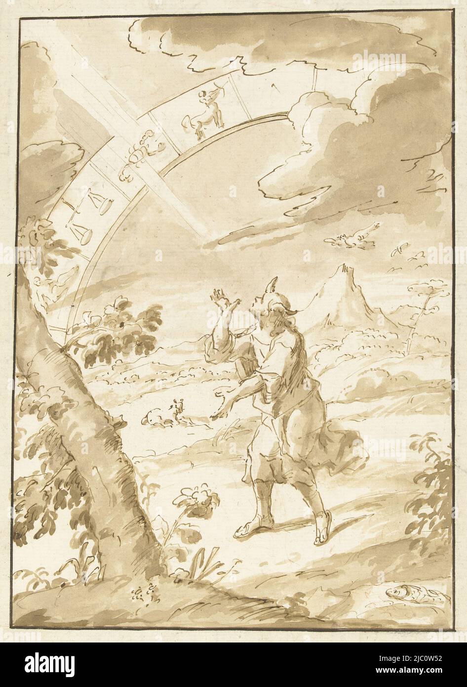 Allegorie der Zeit (?): Der Mensch mit Wolfshores blickt zum Tierkreis am Himmel, der Mann mit Wolfshores blickt zum Tierkreis auf, Zeichner: Marco Ricci, (Manner of), 1686 - 1779, Papier, Stift, Bürste, H 276 mm × B 201 mm Stockfoto