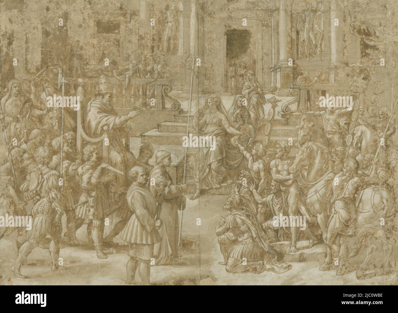 Konstantin und Helena für Papst Sylvester I. Entwurf für ein Fresko, die Schenkung von Konstantin, Zeichner: Giulio Romano, 1520 - 1524, Papier, Stift, Bürste, H 395 mm × B 549 mm Stockfoto