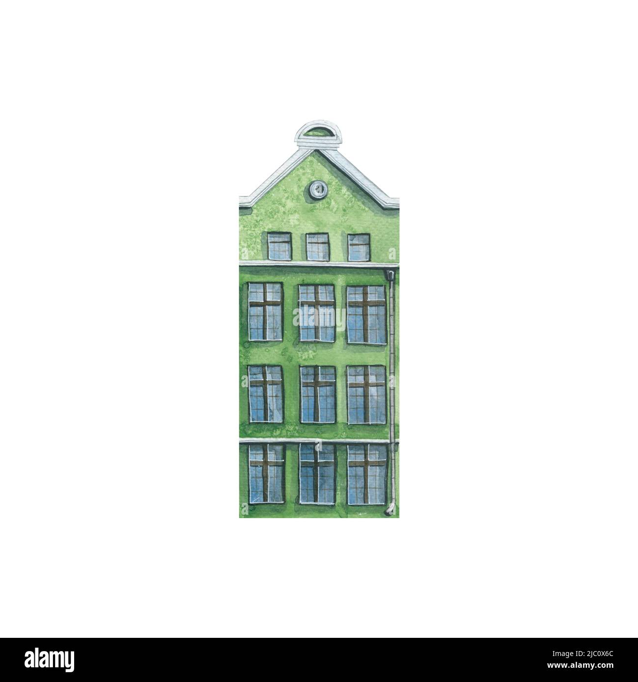 Aquarell-Illustration des Hauses der alten europäischen Stadt. Isoliert. Grün. Zur Dekoration. Stockfoto
