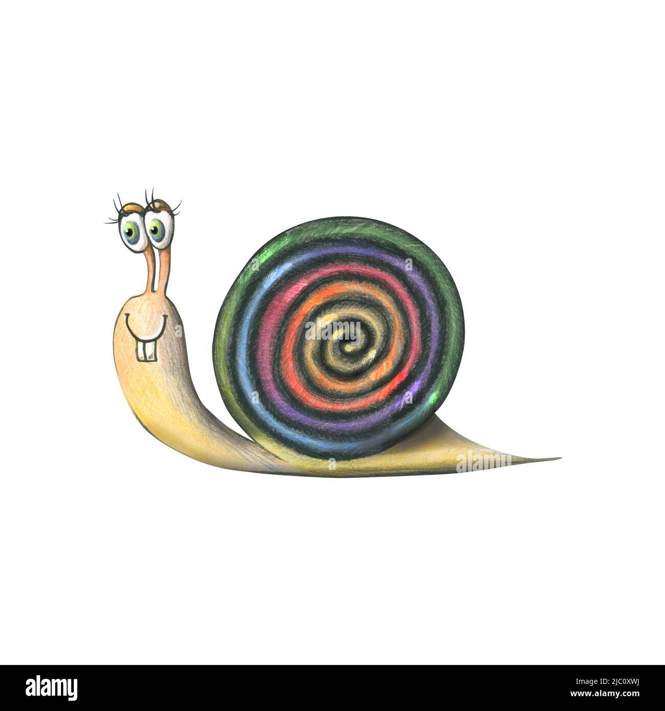 Illustration mit Buntstiften Regenbogenschnecke, Abstraktion. Cartoon, kindisch, hell. Für Poster druckt Postkarten Muster Stockfoto