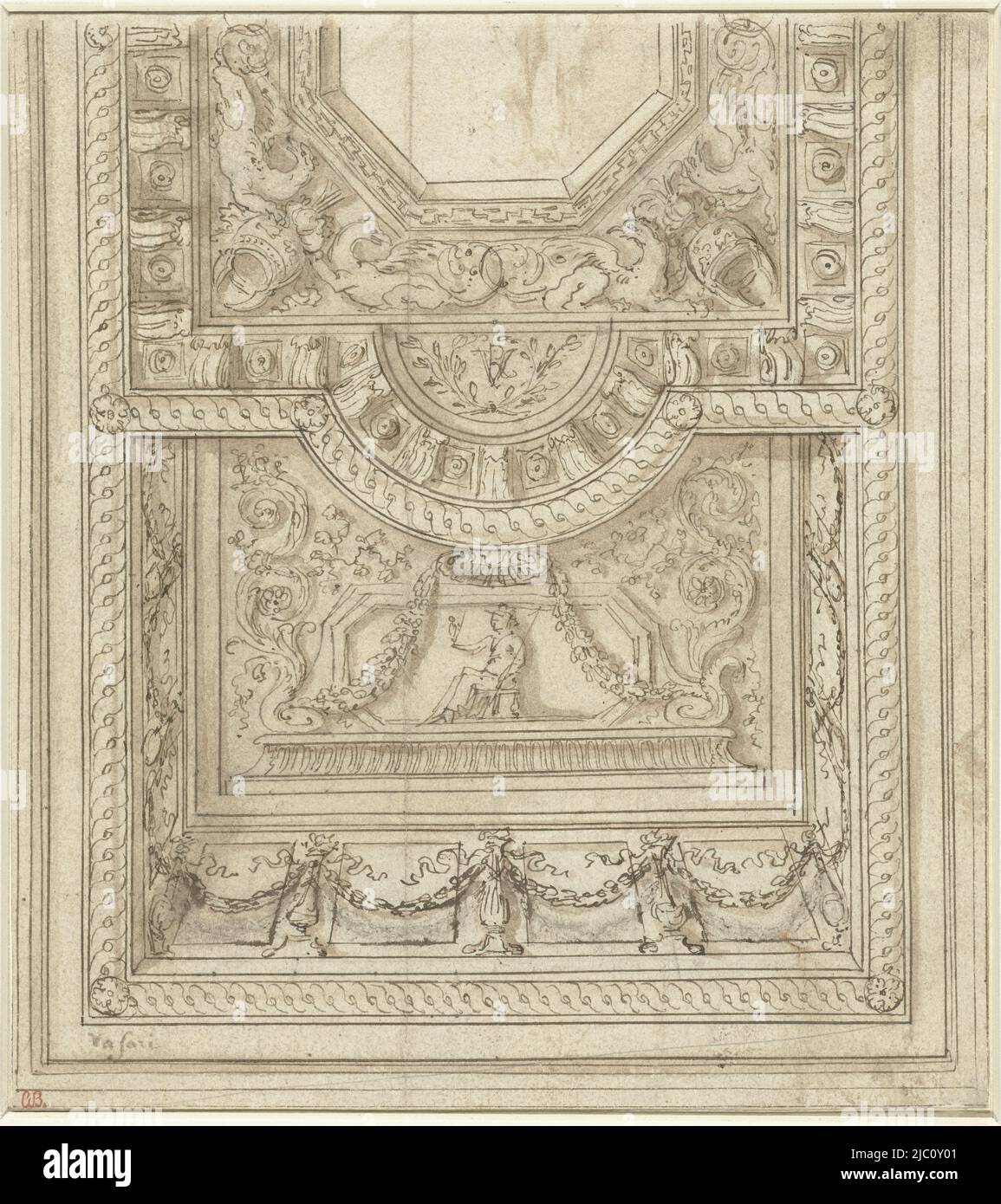 Deckengestaltung, Zeichner: Giorgio Vasari, (möglicherweise), 1521 - 1574, Papier, Stift, Bürste, H 197 mm × B 178 mm Stockfoto
