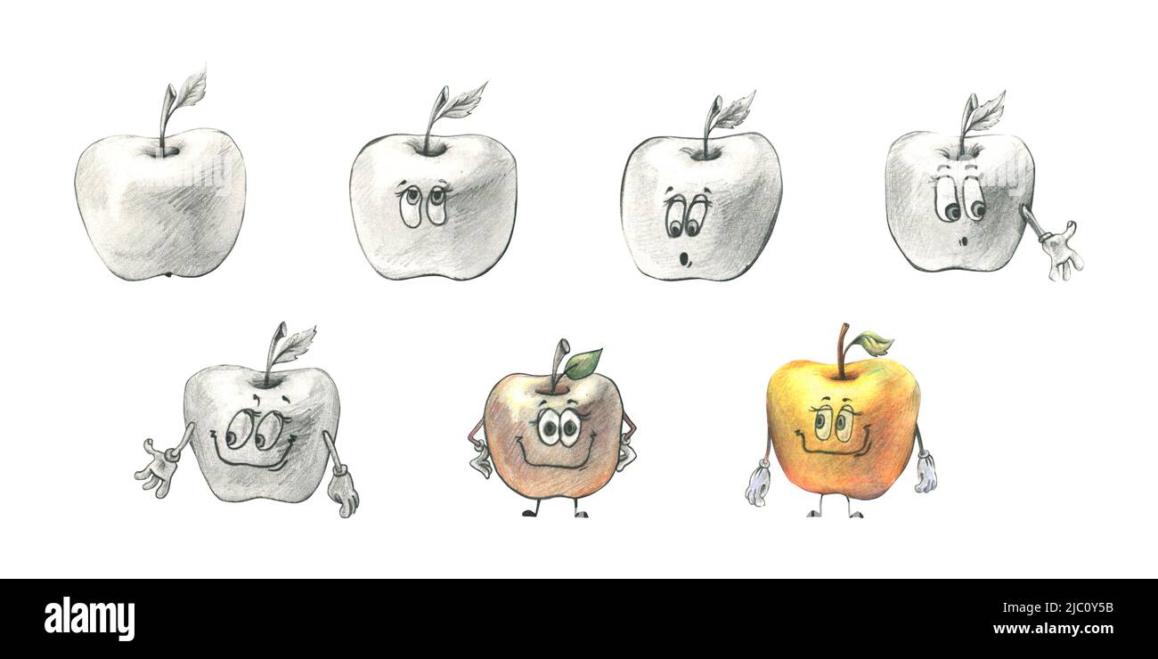 Illustration mit Buntstiften ein Apfel verwandelt sich in einen Cartoon. Transformation, verschiedene Stufen der Abstraktion. Kind. Für Print, Poster, Postkarte, Stockfoto