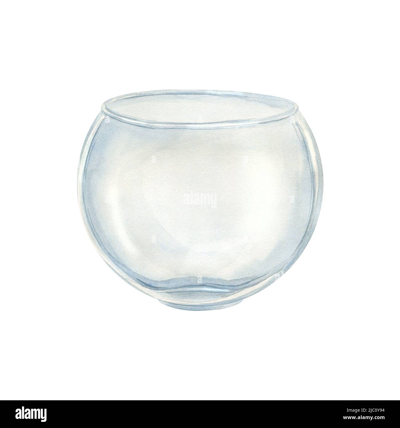 Aquarell-Illustration einer runden Vase aus Glas. Transparentes Glas für Blumensträuße der Kompositionen, Wohnkultur. Für Design, Dekoration, Inneneinrichtung. Stockfoto