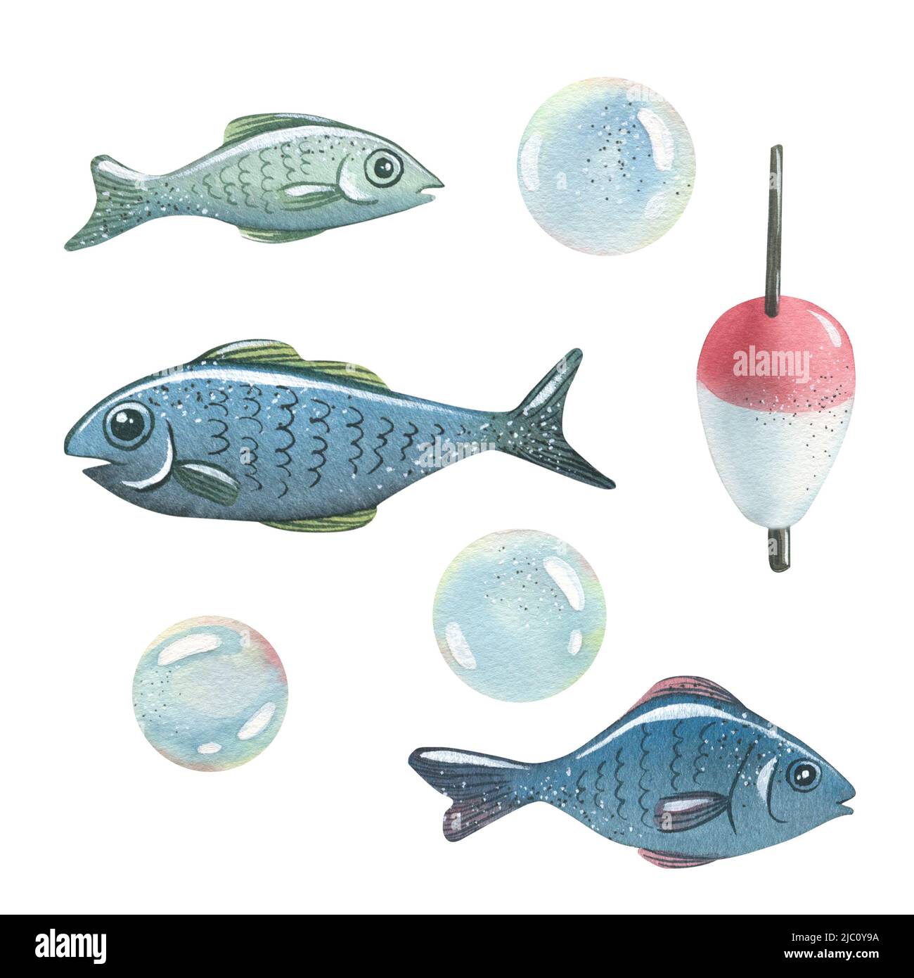 Aquarell-Illustration zum Thema Meeresfischen. Fisch, schwimmen, blasen. Kinder, Marine, Tourist. Für das Design druckt Muster Postkarten Stockfoto
