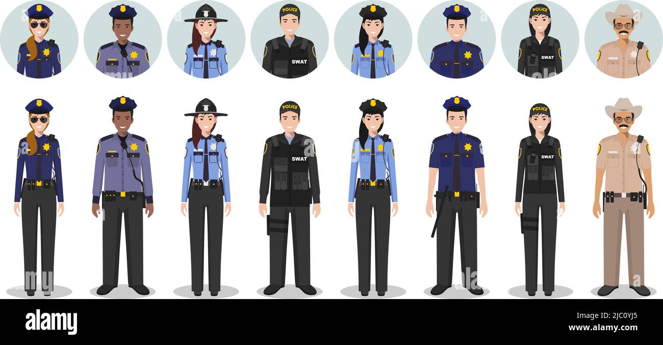Detaillierte Illustration und Avatare Ikonen von Sheriff, SWAT-Offizier, Polizistin und Polizist in flachem Stil auf weißem Hintergrund. Stock Vektor