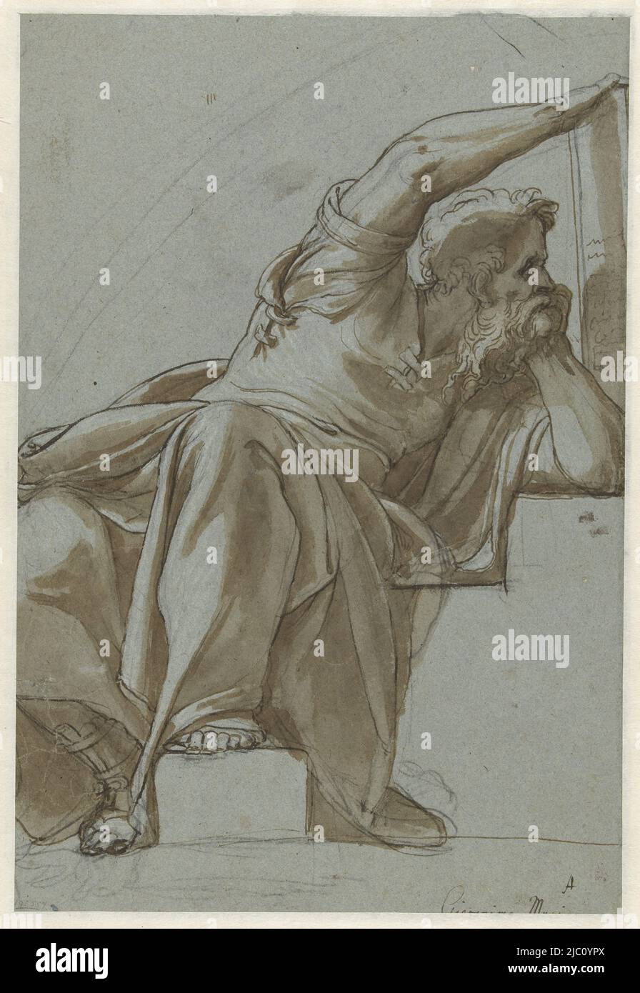 Skizze für eine Lünette, sitzende Mannsfigur (Prophet?), Zeichner: Girolamo Muziano, 1549 - 1555, Papier, Stift, Bürste, H 372 mm × B 255 mm Stockfoto
