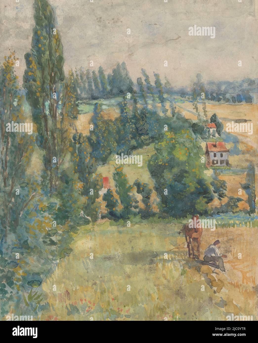 Landschaft mit ruhenden Landwirten in der Nähe eines Pferdes, Zeichner: Martinus van Andringa, 1874 - 1918, Papier, Pinsel, H 425 mm × B 341 mm Stockfoto