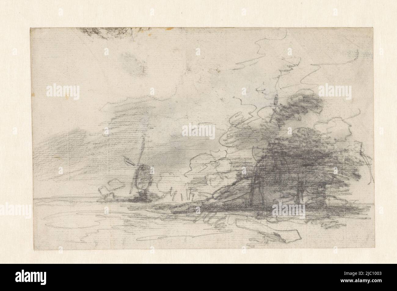 Skizze einer Landschaft mit Windmühle im Vorbeigehen, Zeichner: Andreas Schelfhout, 1797 - 1870, Papier, H 152 mm × B 238 mm Stockfoto