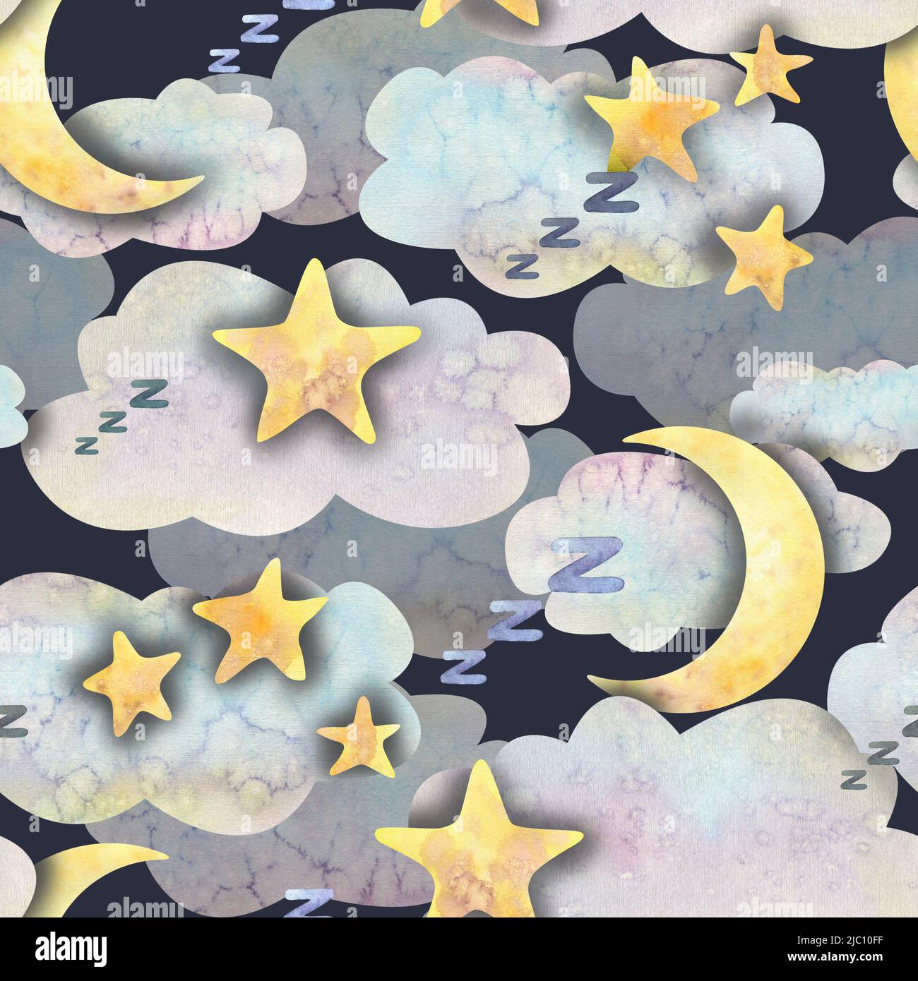 Aquarell-Darstellung des Nachthimmels mit Wolken, Mond und Sternen. Stockfoto